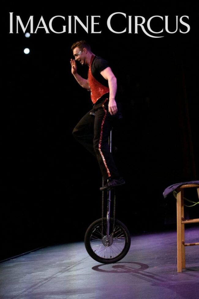 Giraffee Unicycle, Rocco, Imagine Circus, Stage Show, Photo by Zach Thomas with Monarch Studios and Flagler College