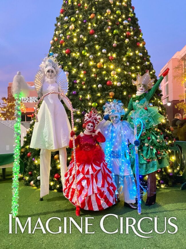 Winter Holiday, Group Photo, Stilt Snow Queen, Candy Cane Princess, Jack Frost, Christmas Tree, Imagine Circus Performers