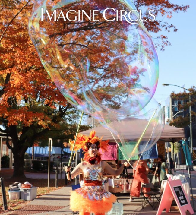 Imagine Circus Performers, Fall Festival, Autumn, Bubble Artist, Stilt Walker, Hooper, Orange, Brown, Gold, Photo Credit: Chapel Hill Community Arts & Culture