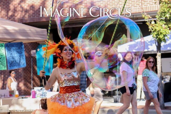 Imagine Circus Performers, Fall Festival, Autumn, Bubble Artist, Stilt Walker, Hooper, Orange, Brown, Gold, Photo Credit: Chapel Hill Community Arts & Culture
