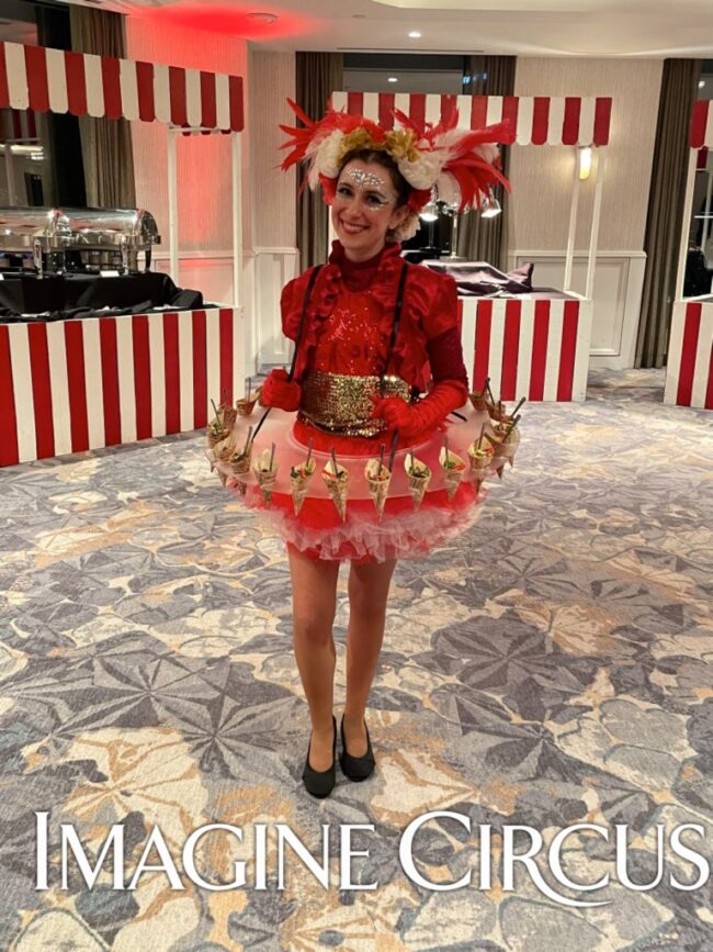 Imagine Circus Performer, LED Drink Skirt, LED Snack Skirt, Coned Appetizers and Desserts