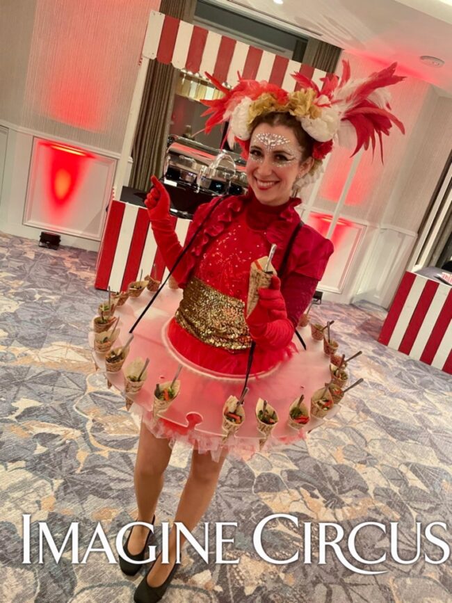 Imagine Circus Performer, LED Drink Skirt, LED Snack Skirt, Coned Appetizers and Desserts