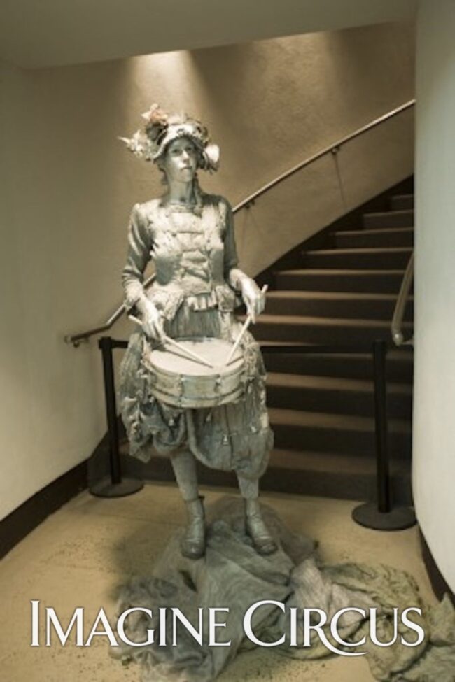 Imagine Circus Performer, Silver Drummer Girl, Living Statue