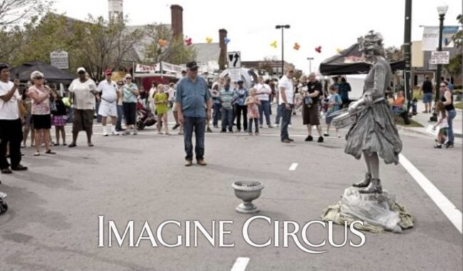 Imagine Circus Performer, Silver Drummer Girl, Living Statue