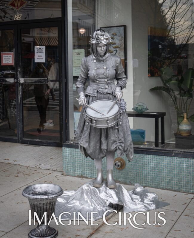 Imagine Circus Performer, Silver Drummer Girl, Living Statue