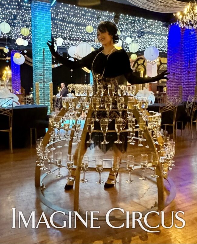 Imagine Circus Champagne Dress, Upscale Events, Walking Bar, Performer, Roaring 20s