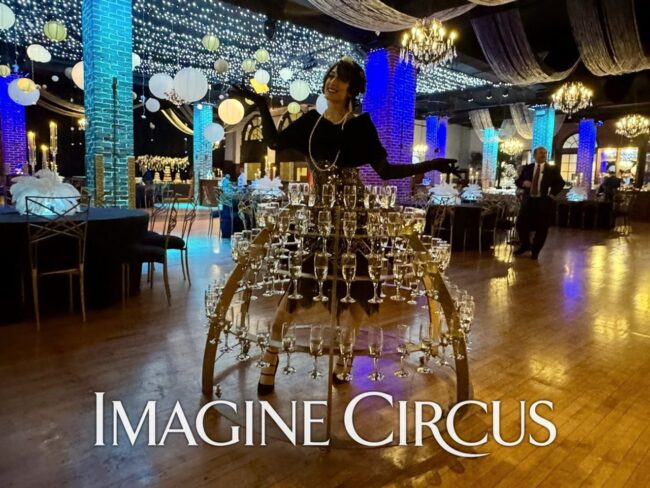 Imagine Circus Champagne Dress, Upscale Events, Walking Bar, Performer, Roaring 20s