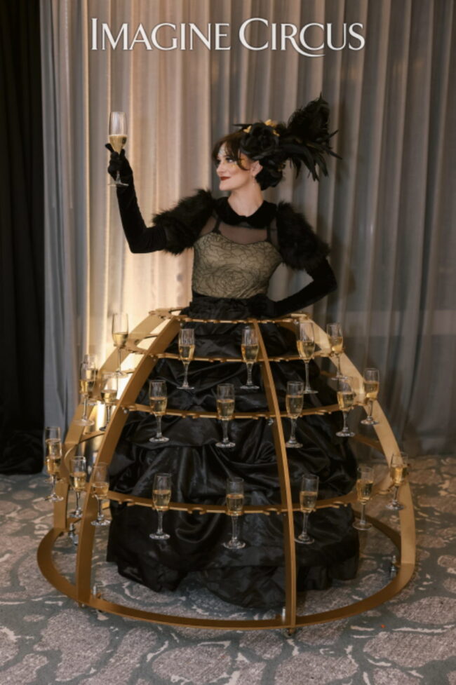 Imagine Circus Champagne Dress, Beverage Dress, Strolling Upscale Entertainment, Black and Gold, Photos by Paula Player Photography