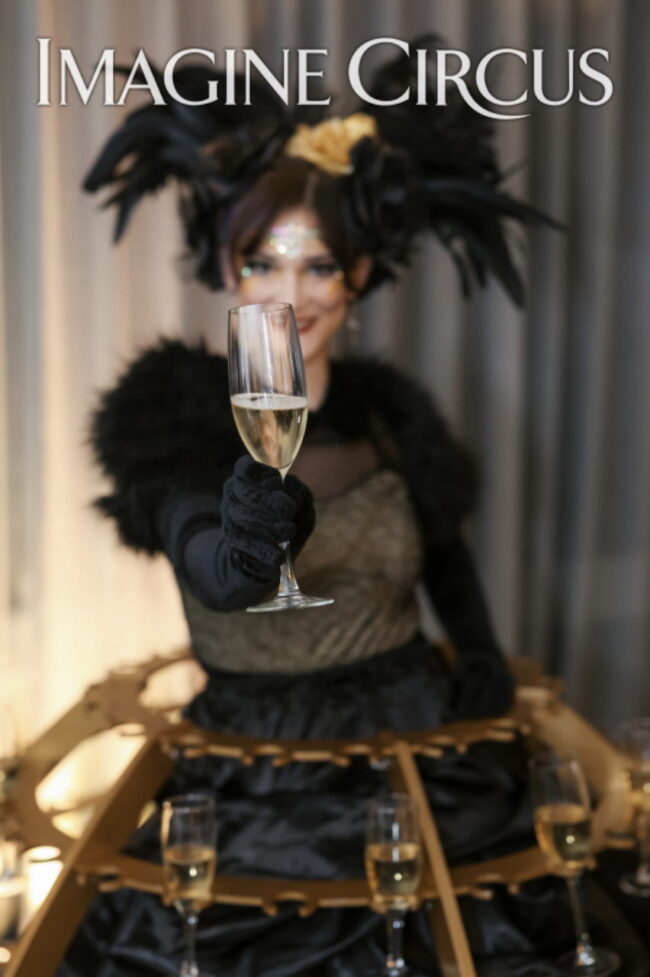 Imagine Circus Champagne Dress, Beverage Dress, Strolling Upscale Entertainment, Black and Gold, Photos by Paula Player Photography