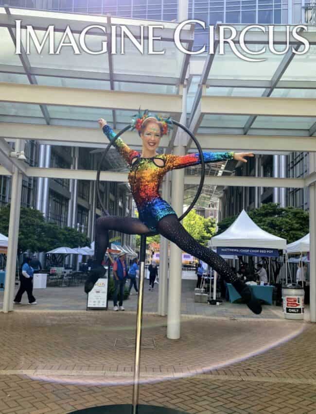 Imagine Circus Performer, Freestanding Aerial Hoop, Lollipop Lyra, Rainbow Costume