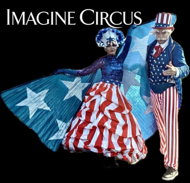 Imagine Circus Indepdence Day Performers, July 4th Celebration, Lady Liberty, Statue of Liberty, Uncle Sam Characters, Stilt Walkers, Jugglers, Patriotic Performers